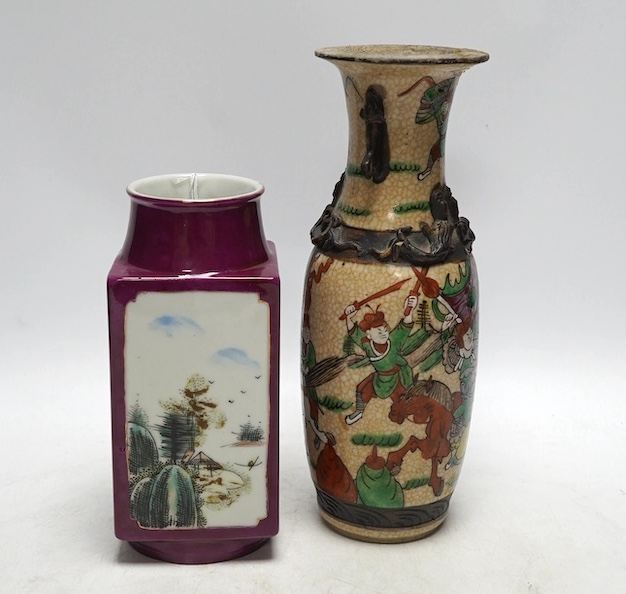 A 19th century Chinese crackle glazed vase and a ruby ground vase, tallest 25cm. Condition - crackle glazed vase with repair to rim, otherwise good